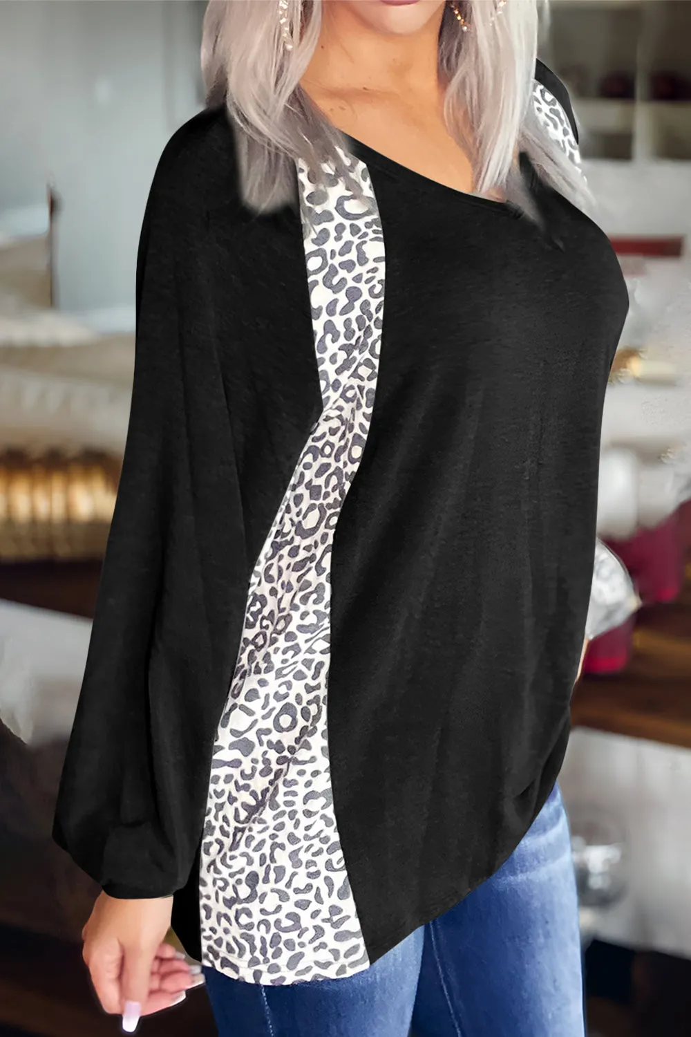 Full Size Leopard V-Neck Long Sleeve T-Shirt