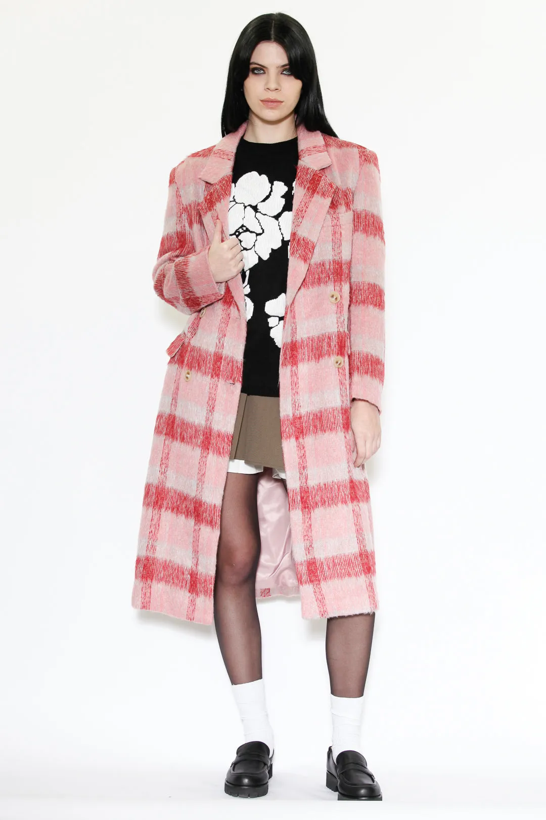 Heavy Wool Pink and White Plaid Coat