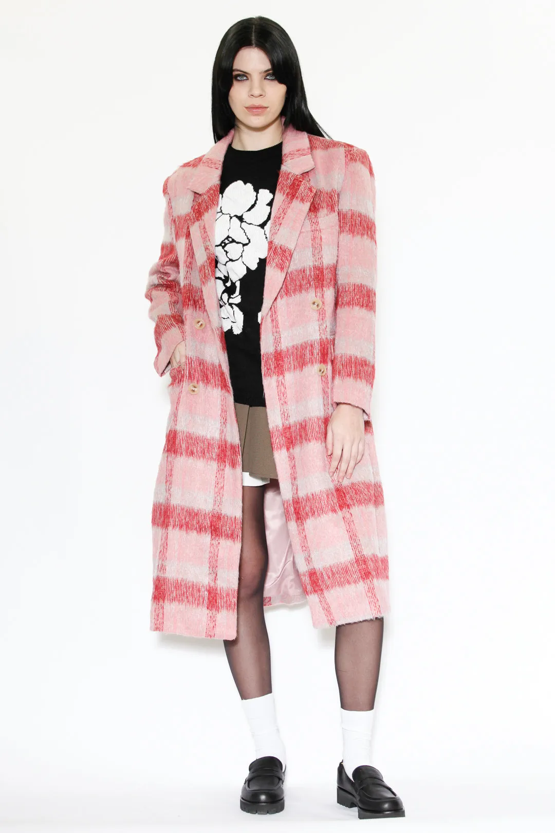 Heavy Wool Pink and White Plaid Coat