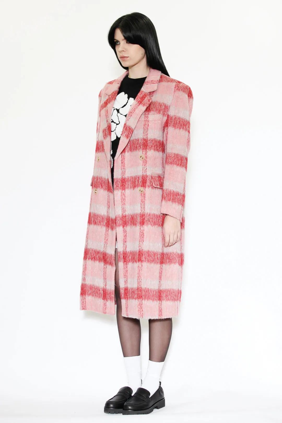 Heavy Wool Pink and White Plaid Coat