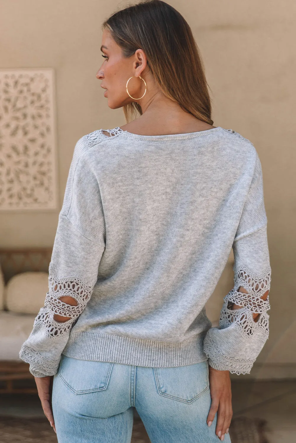 Hollowed Lace Splicing Loose Sweater