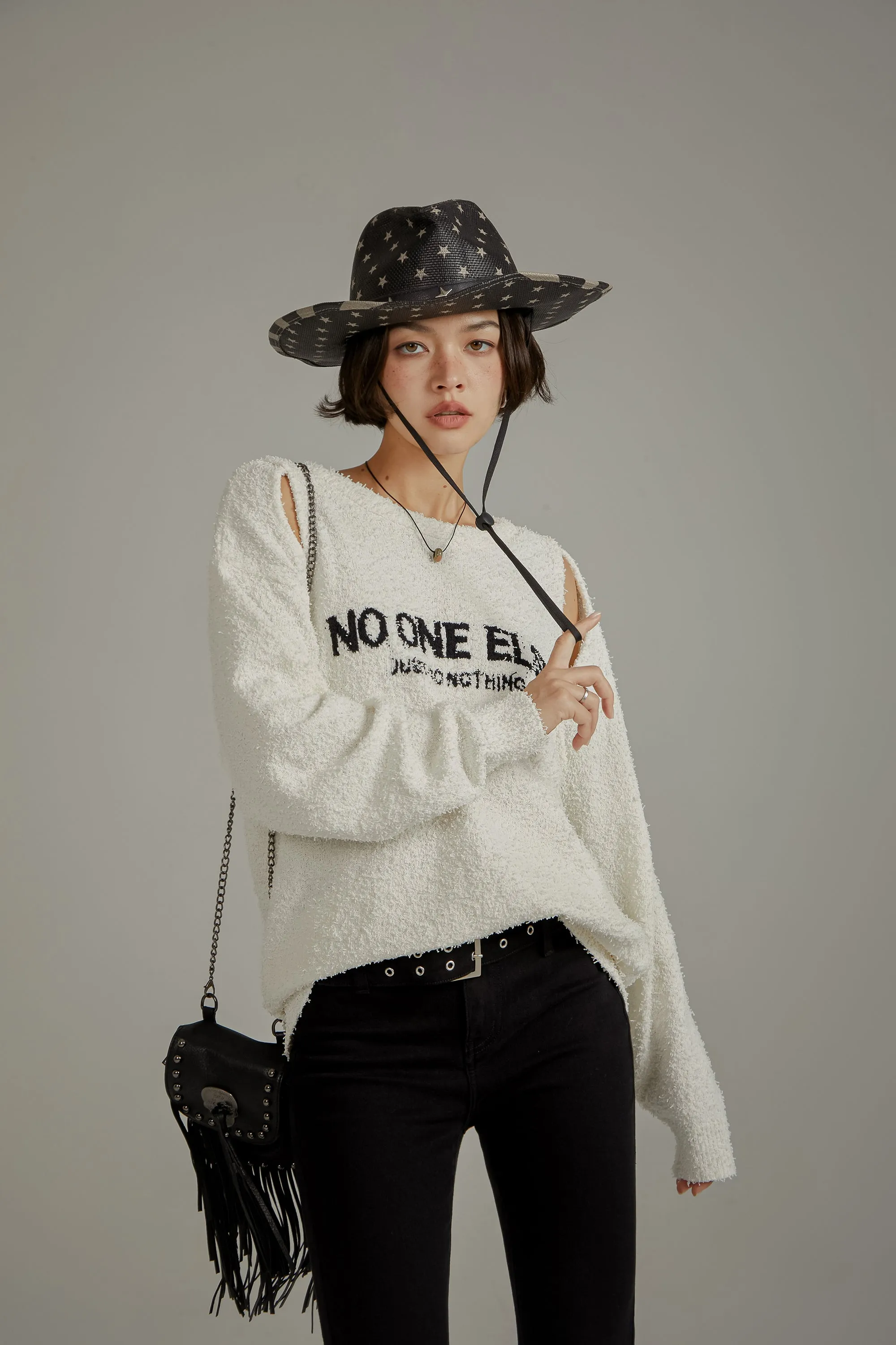 Logo Shoulder Split Loose Knit Sweater