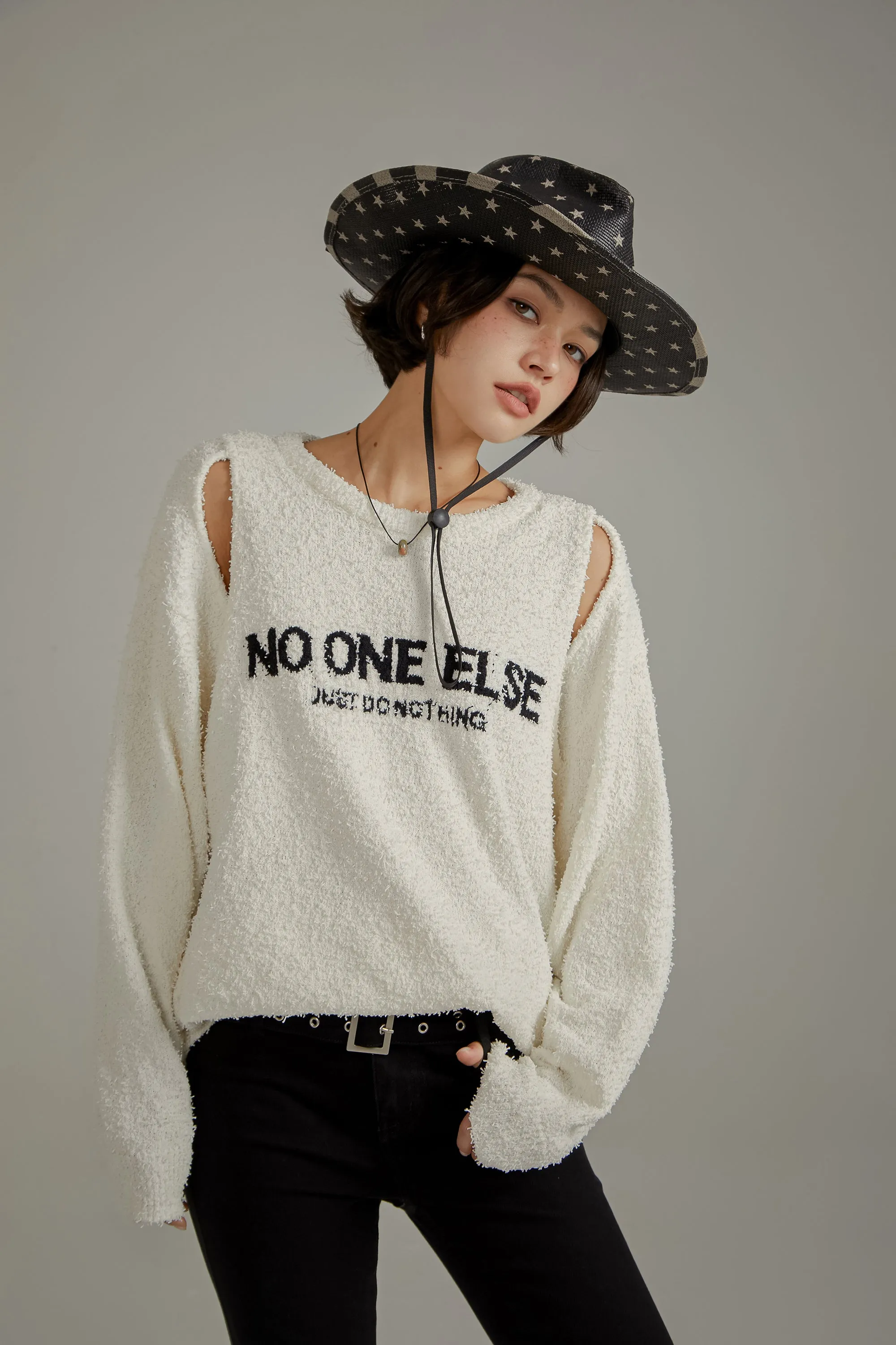 Logo Shoulder Split Loose Knit Sweater