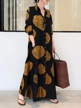 Long Sleeves Loose Printed Split-Joint Lapel Maxi Dresses Shirt Dress 145821