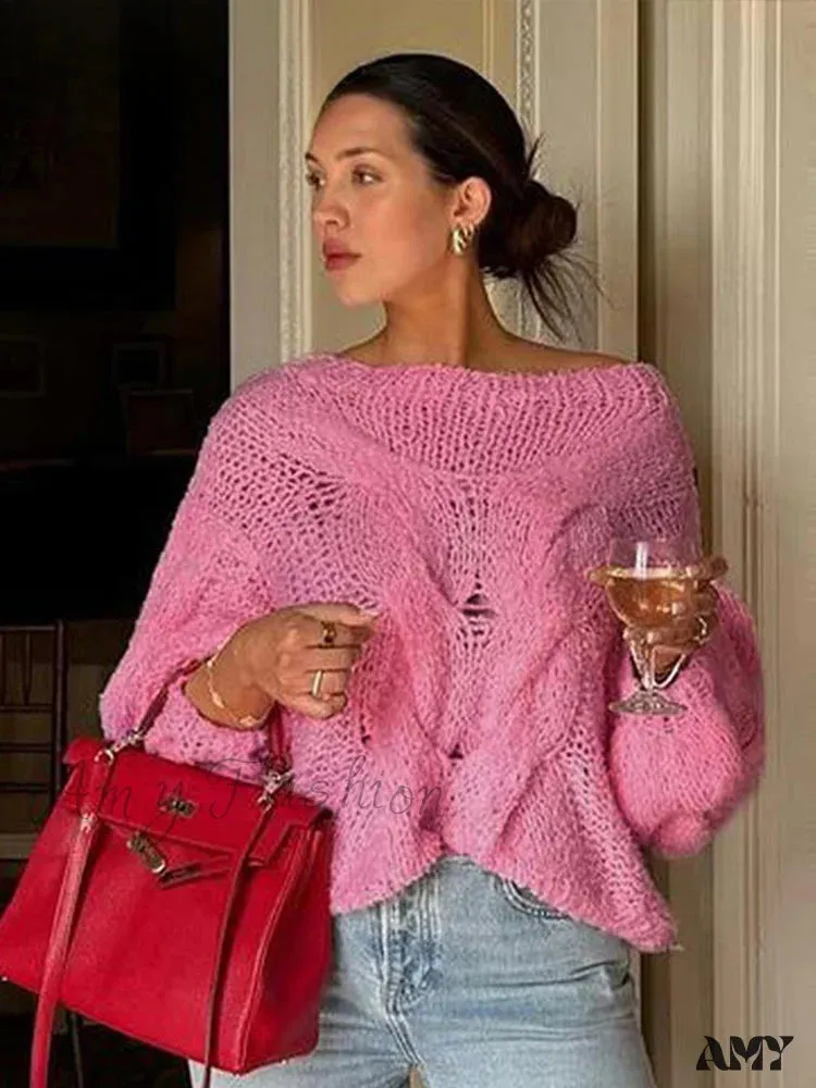 Loose Knitted Purple Women Loose O Neck Long Sleeve Pockets Sweater