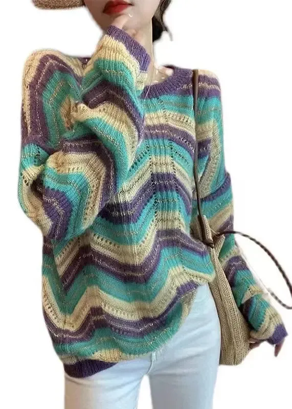 Loose Purple Striped O Neck Hollow Out Patchwork Knit Sweaters Fall ML2911