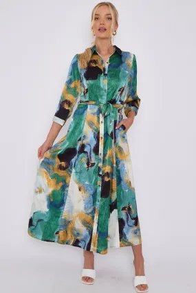 LOVE SUNSHINE Green Abstract Print Satin Maxi Shirt Dress