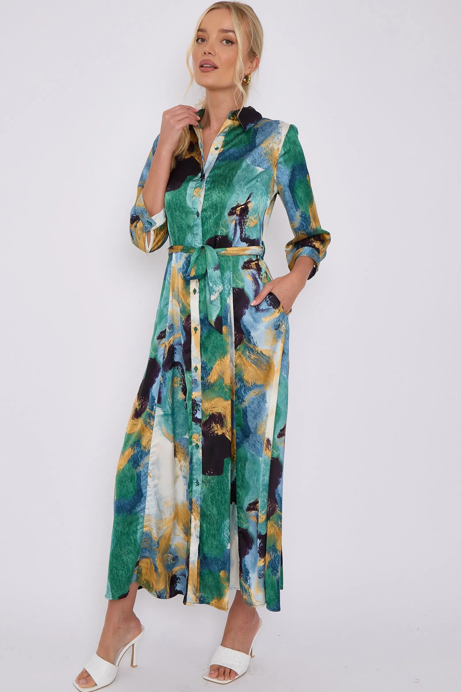 LOVE SUNSHINE Green Abstract Print Satin Maxi Shirt Dress