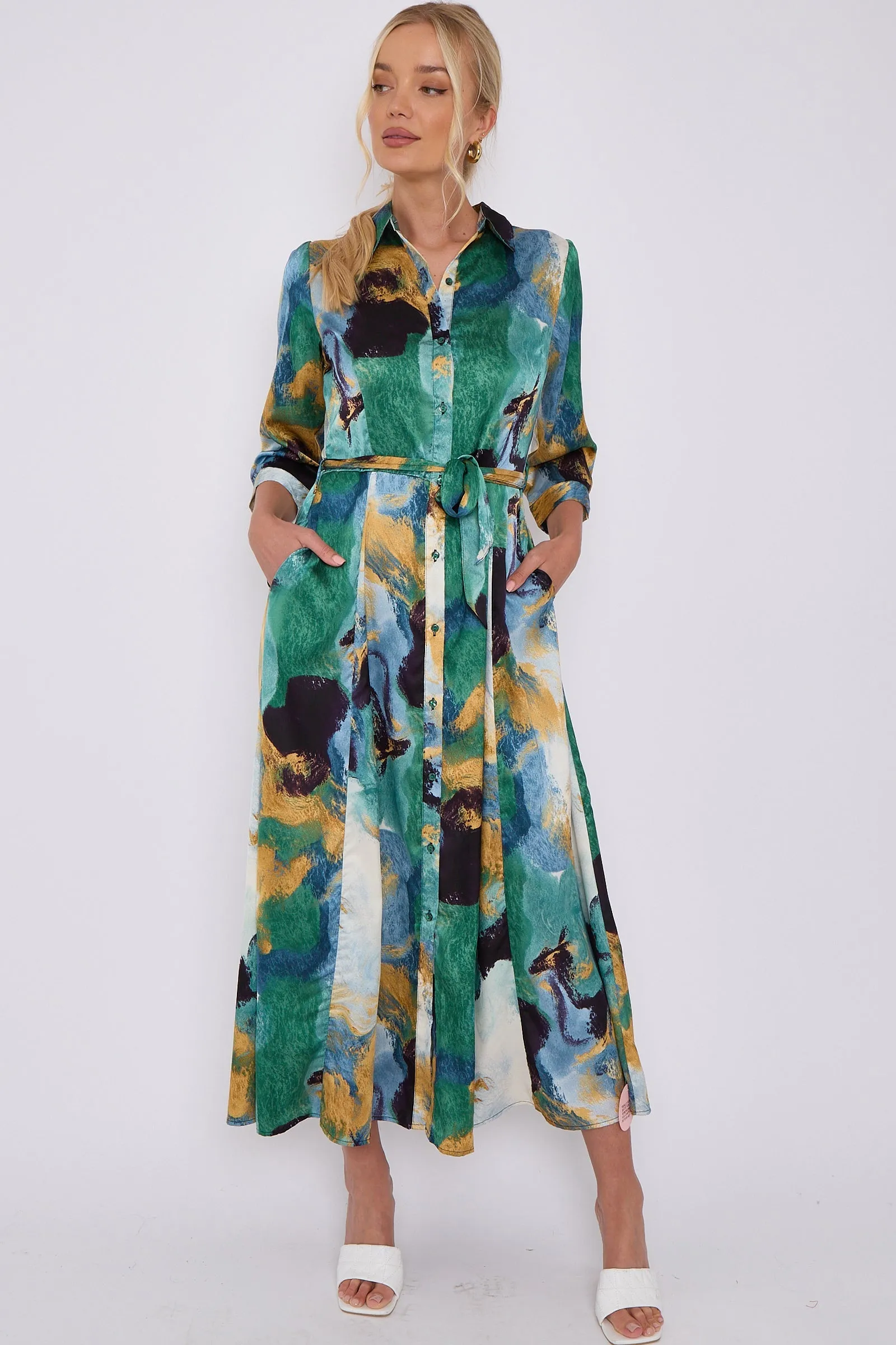 LOVE SUNSHINE Green Abstract Print Satin Maxi Shirt Dress