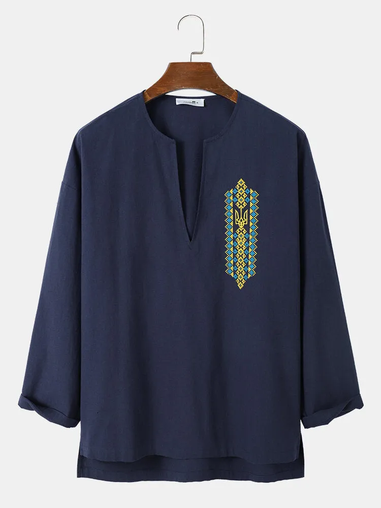 Mens Ethnic Embroidered Dark V Designed Long Sleeve Shirts