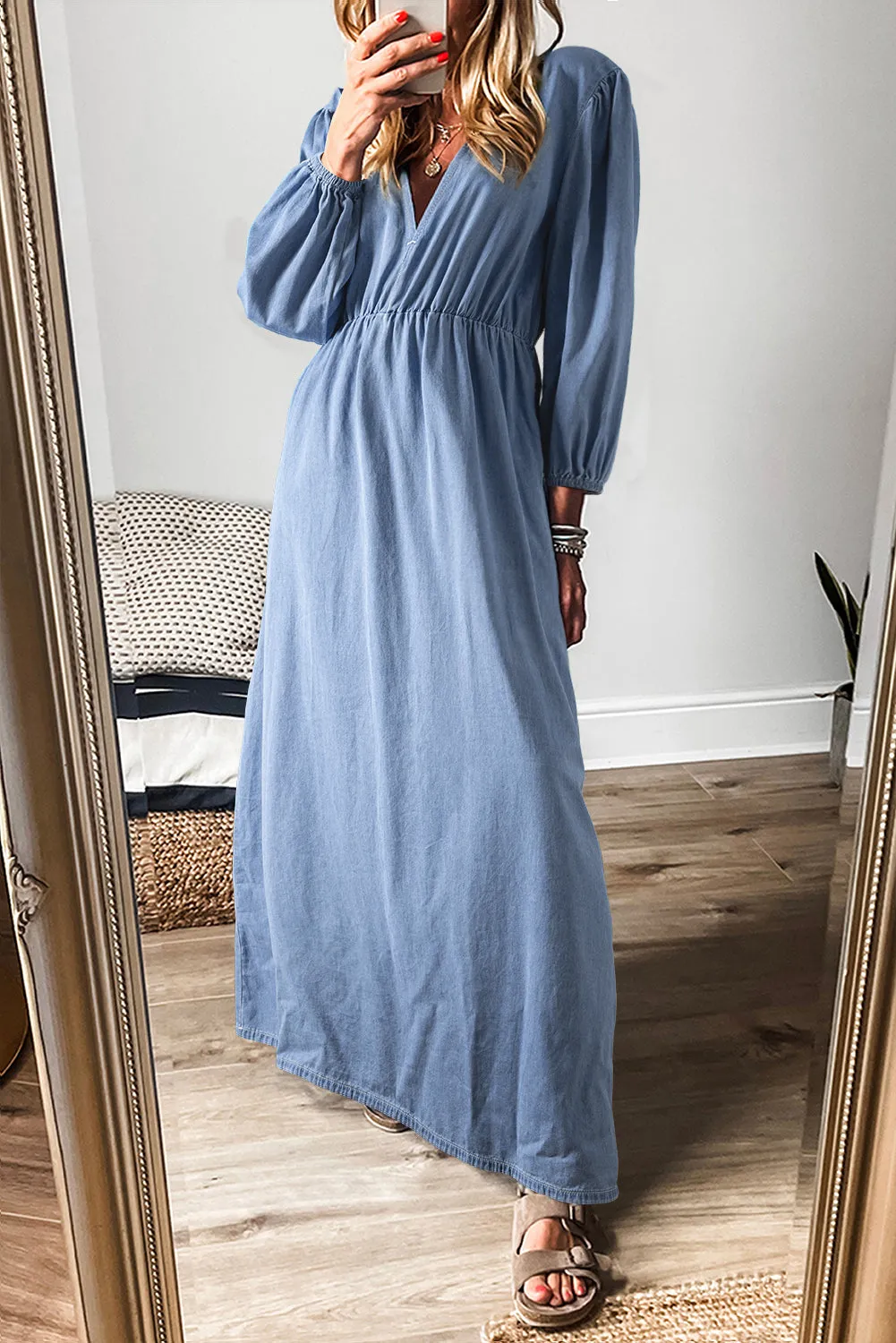 Myosotis Chambray Deep V Neck Bracelet Sleeve Maxi Dress