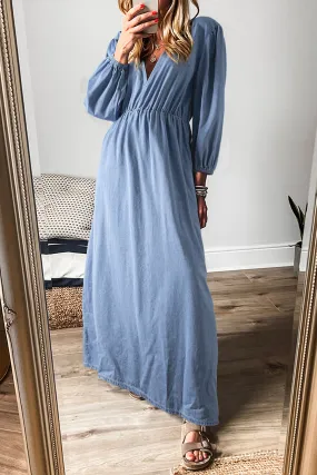 Myosotis Chambray Deep V Neck Bracelet Sleeve Maxi Dress