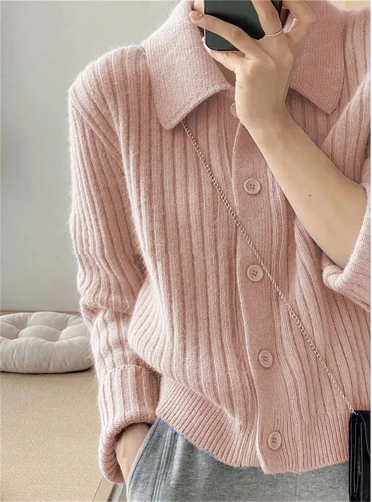 Purpdrank - Turn Down Knit Cardigan Women Autumn Winter Button Up Solid Color Sweater Coats Woman Long Sleeve Soft Cardigans Ladies