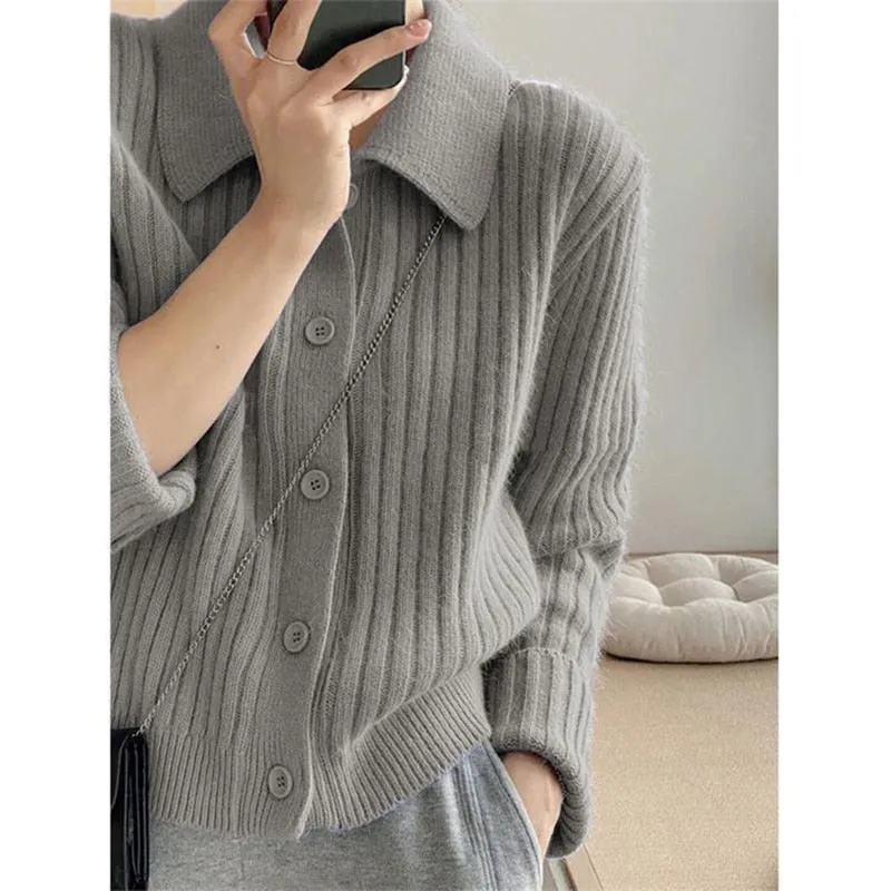 Purpdrank - Turn Down Knit Cardigan Women Autumn Winter Button Up Solid Color Sweater Coats Woman Long Sleeve Soft Cardigans Ladies