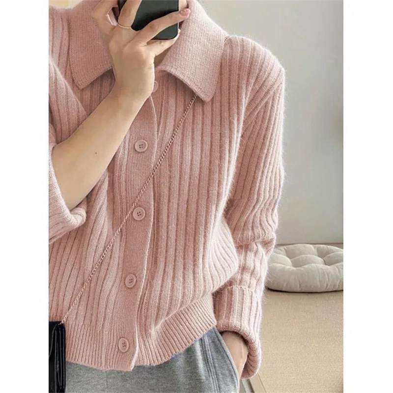 Purpdrank - Turn Down Knit Cardigan Women Autumn Winter Button Up Solid Color Sweater Coats Woman Long Sleeve Soft Cardigans Ladies