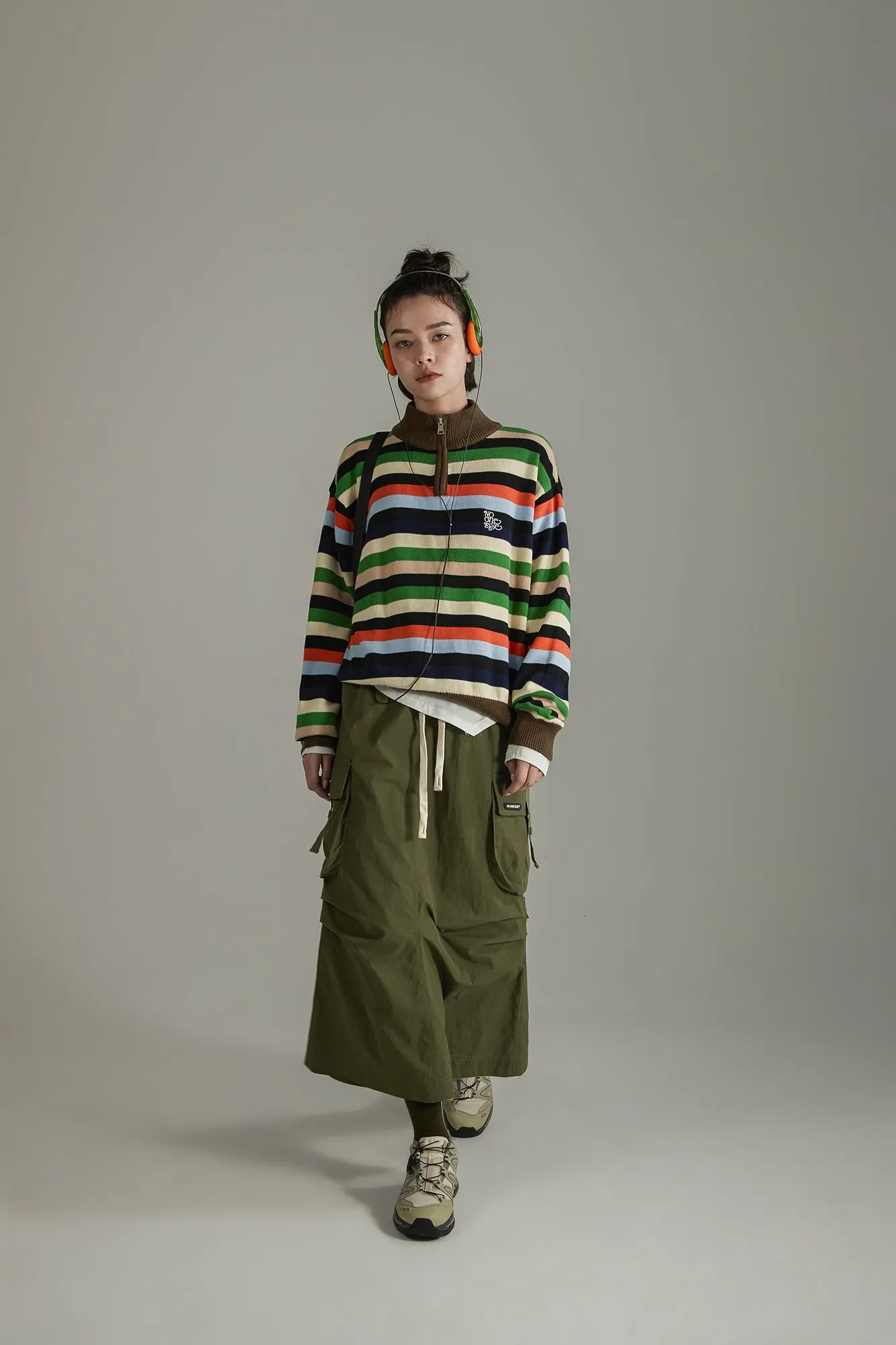 Rainbow Striped Loose Knit Half Zip Sweater