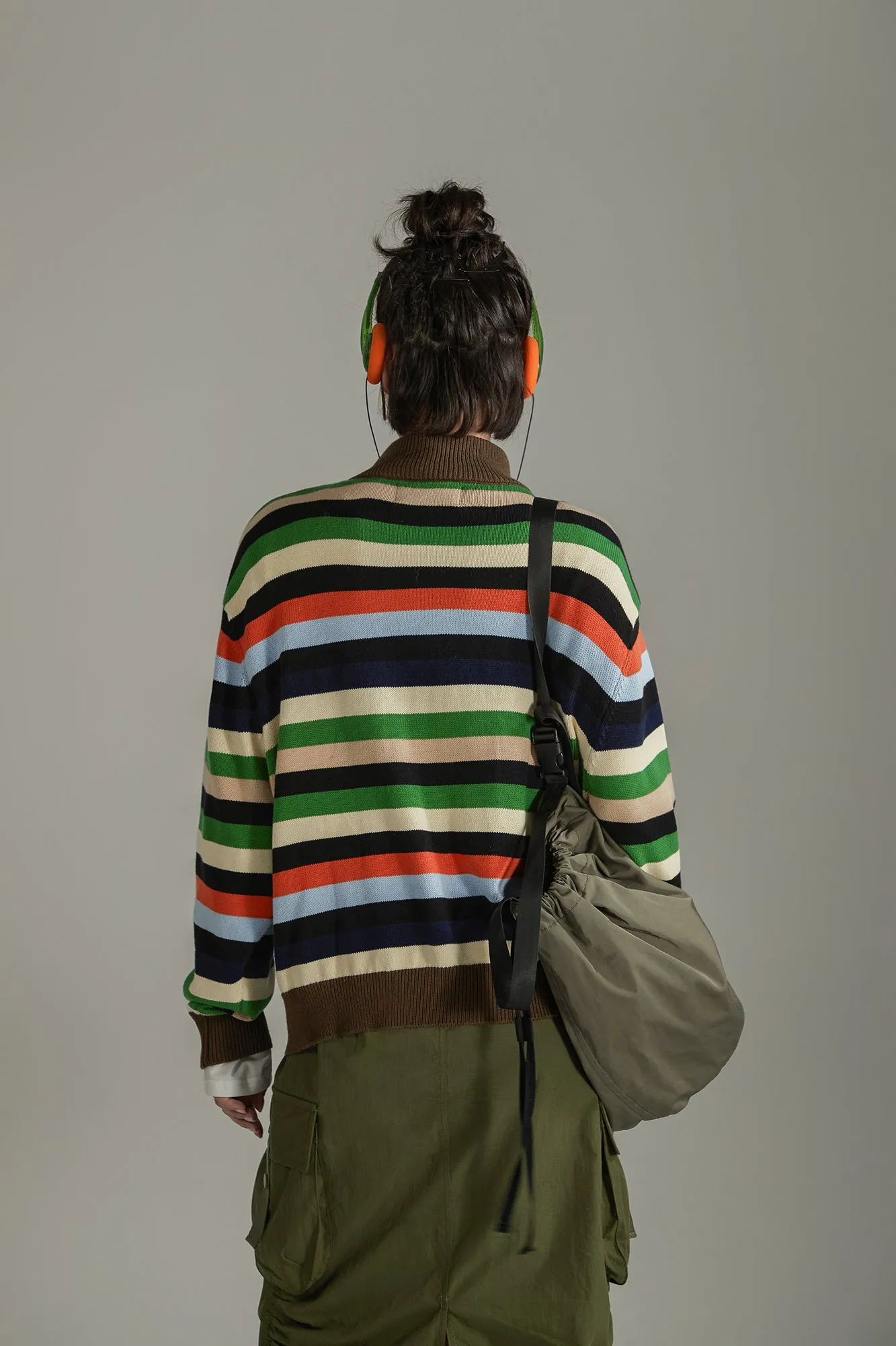 Rainbow Striped Loose Knit Half Zip Sweater