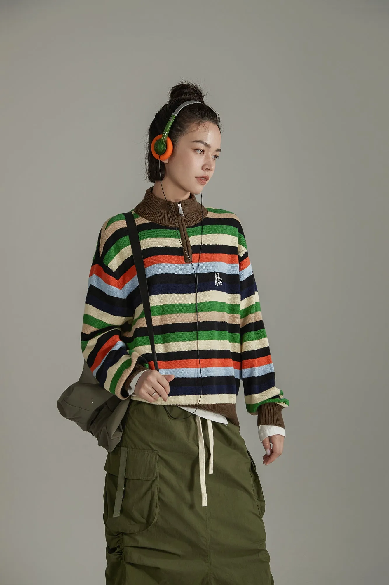 Rainbow Striped Loose Knit Half Zip Sweater