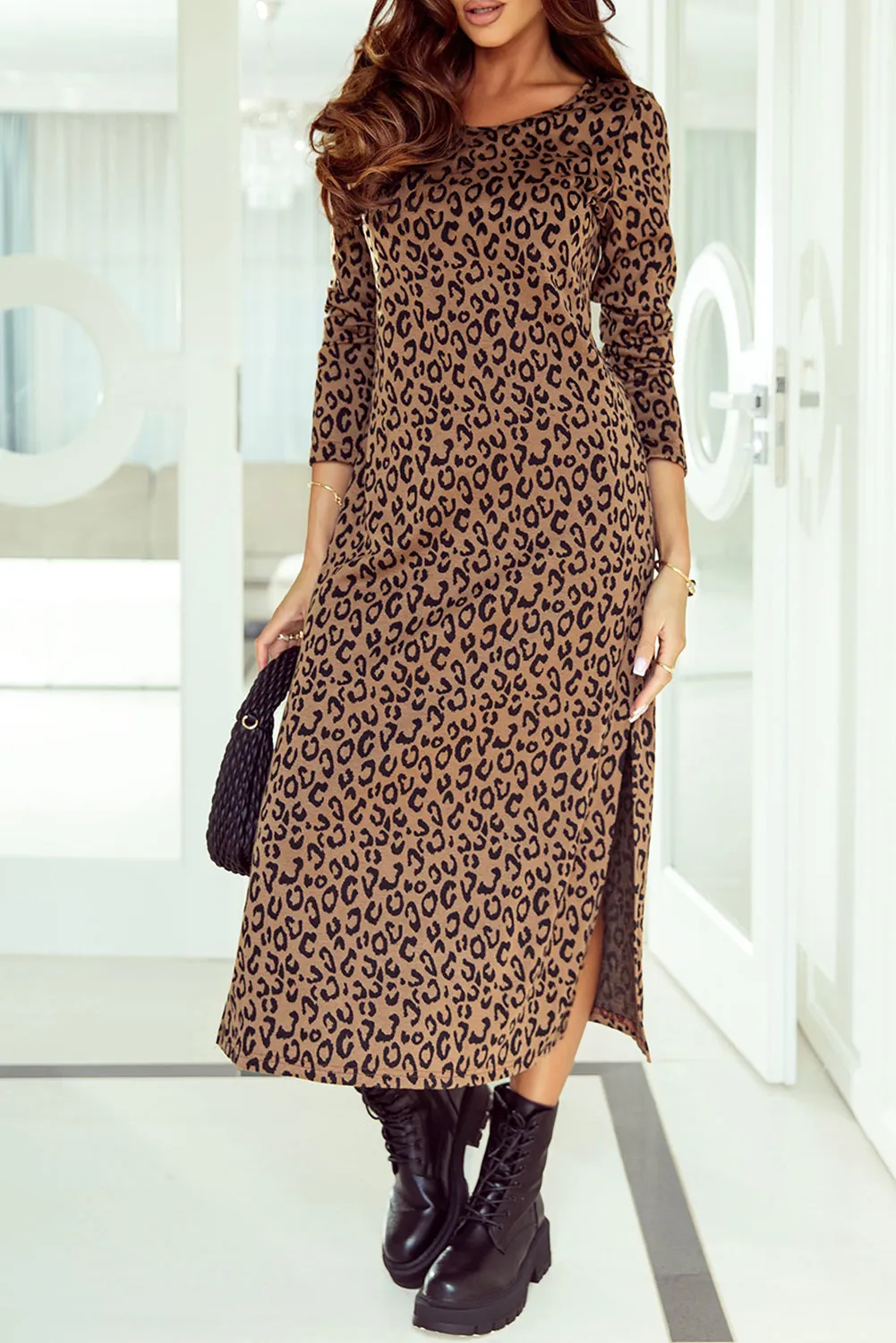 Round Neck Long Sleeve Split Dress