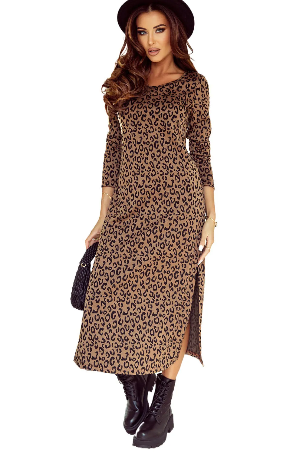 Round Neck Long Sleeve Split Dress