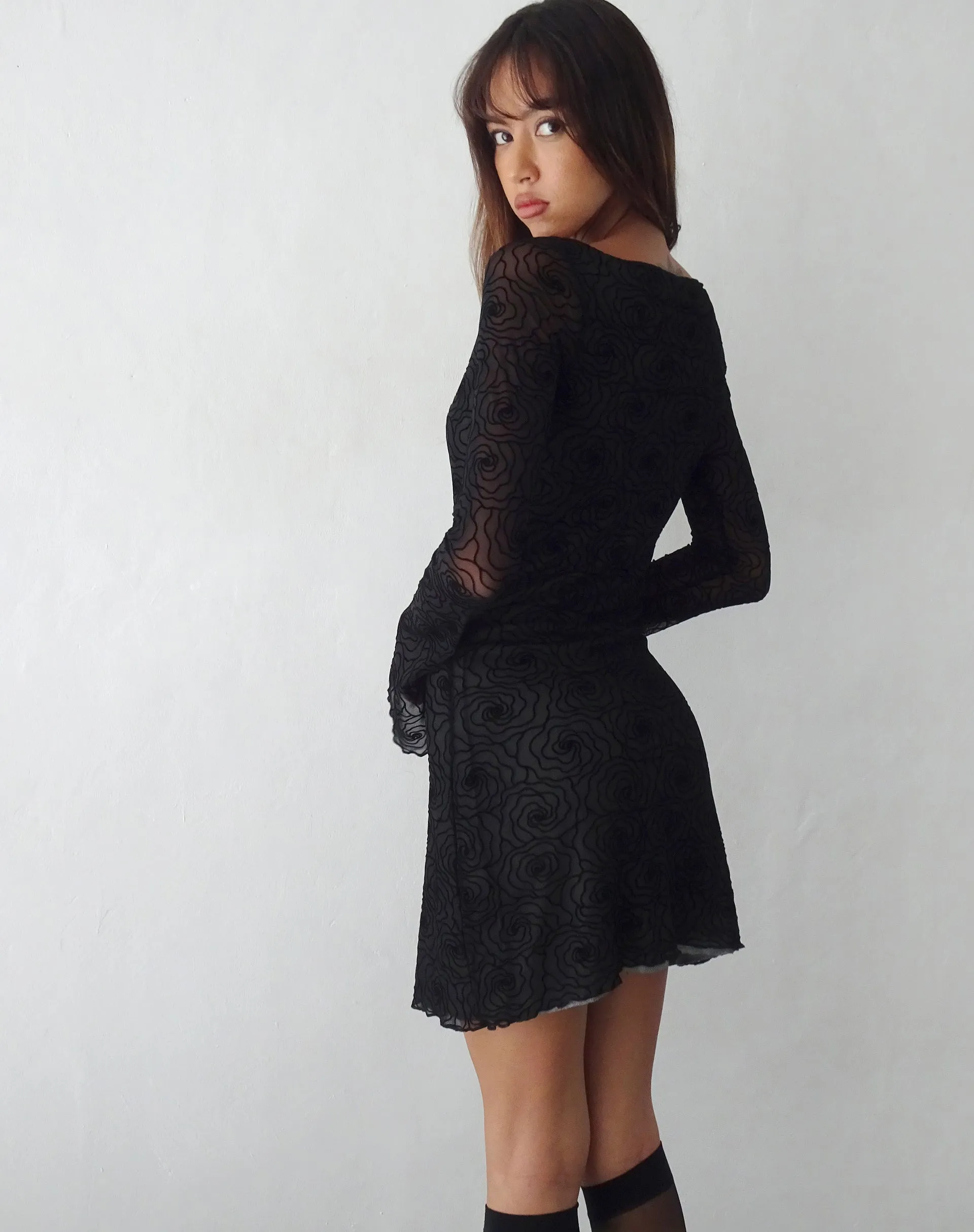 Sevila Long Sleeve Mini Dress in Mesh Black Abstract Flower Flock