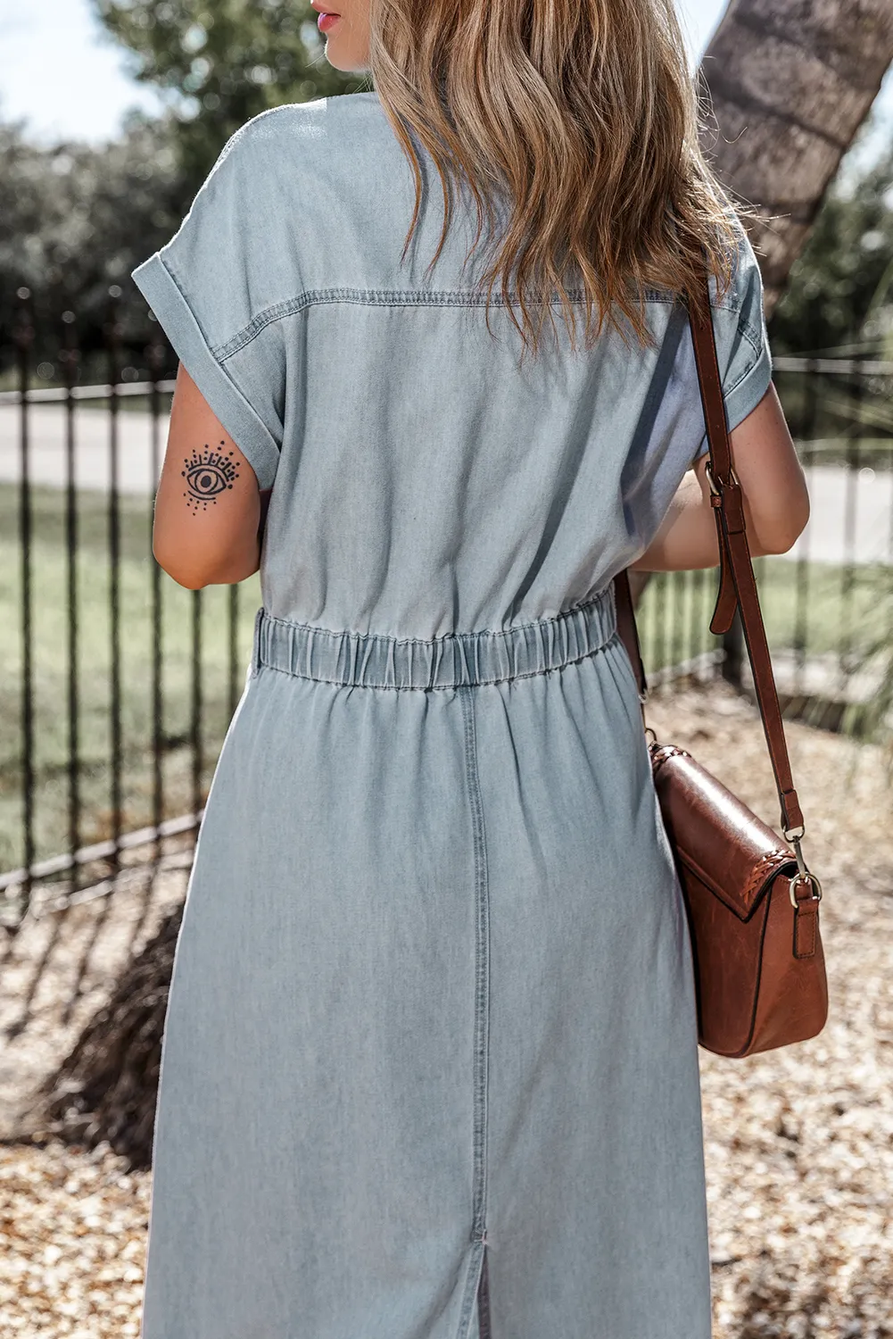 Short Batwing Slit Denim Dress