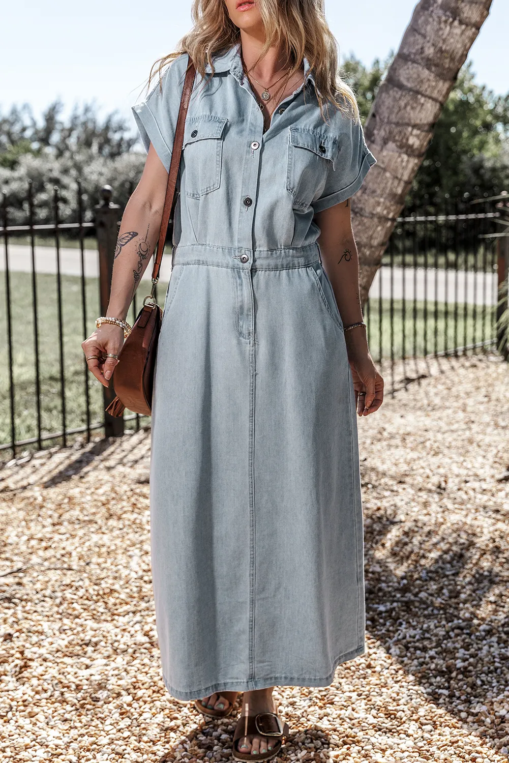 Short Batwing Slit Denim Dress