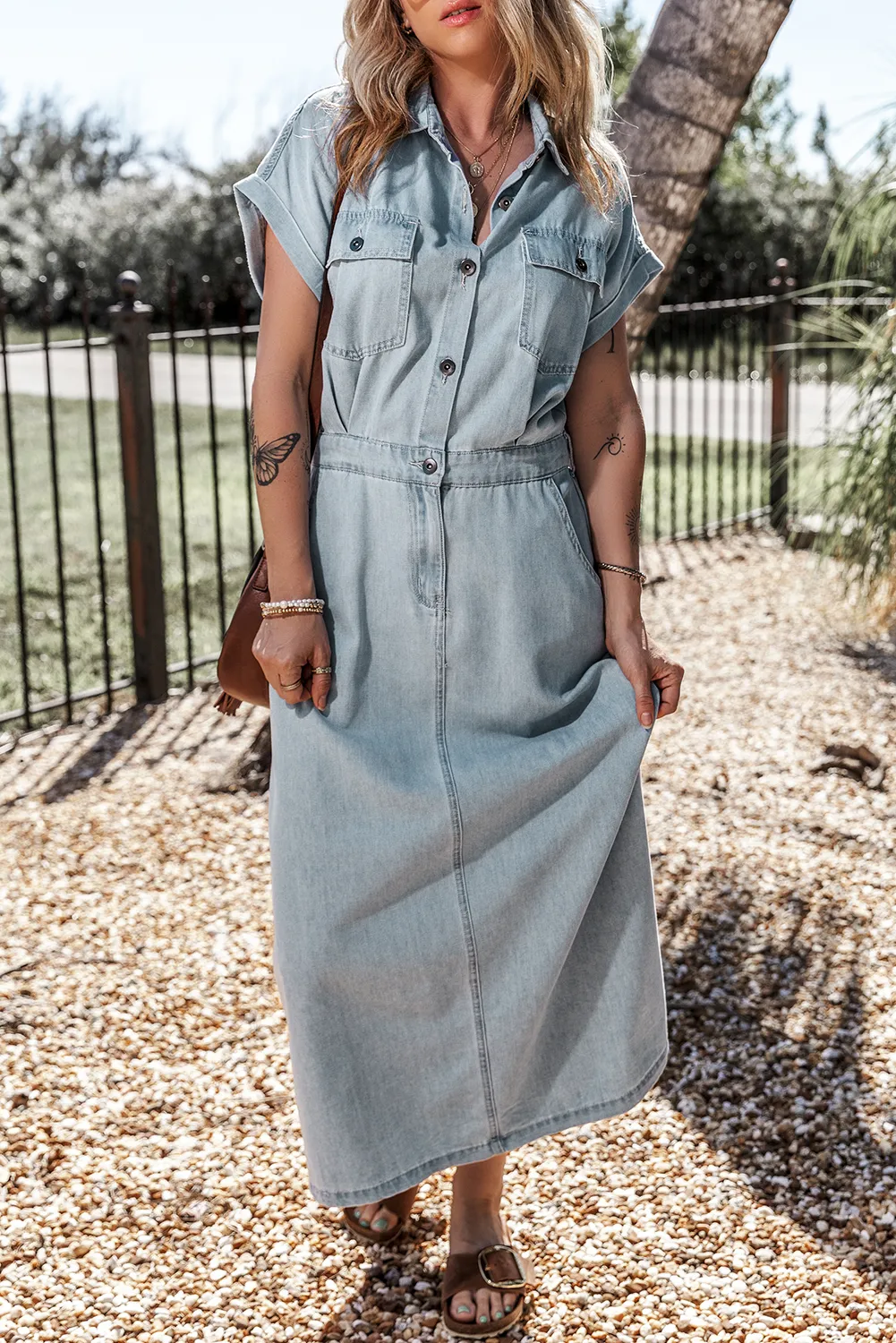 Short Batwing Slit Denim Dress