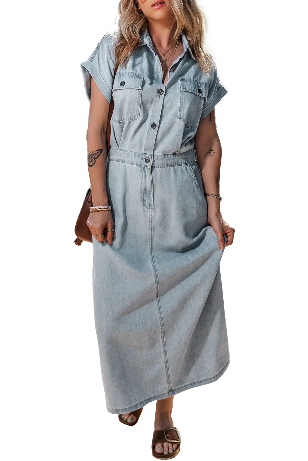 Short Batwing Slit Denim Dress