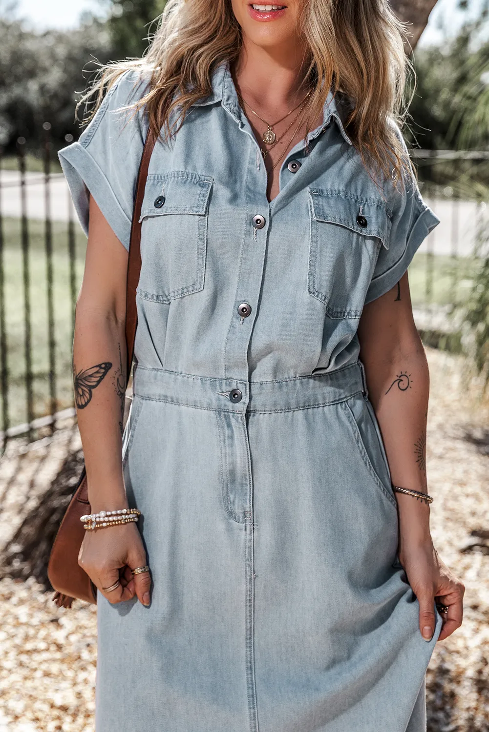 Short Batwing Slit Denim Dress