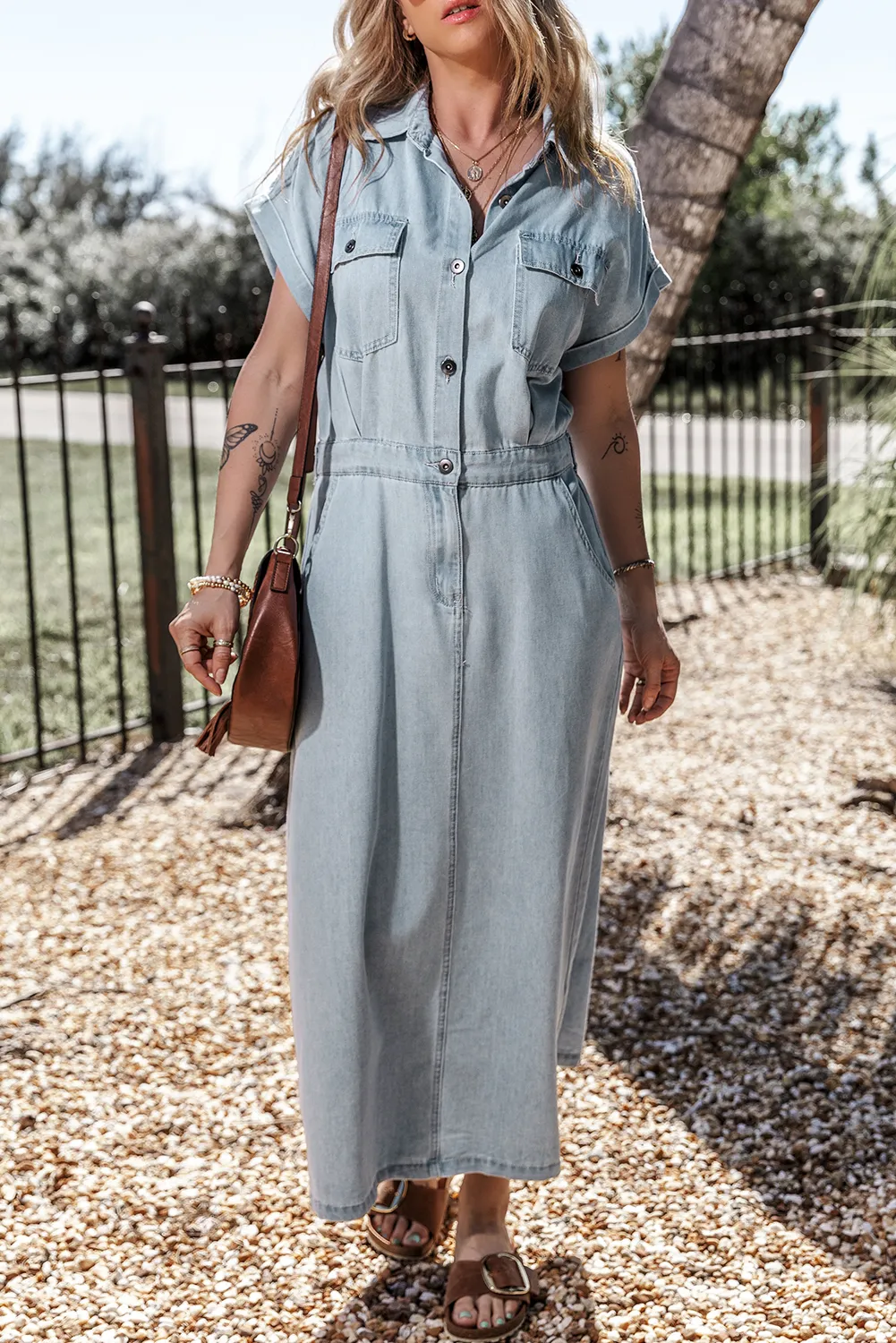 Short Batwing Slit Denim Dress