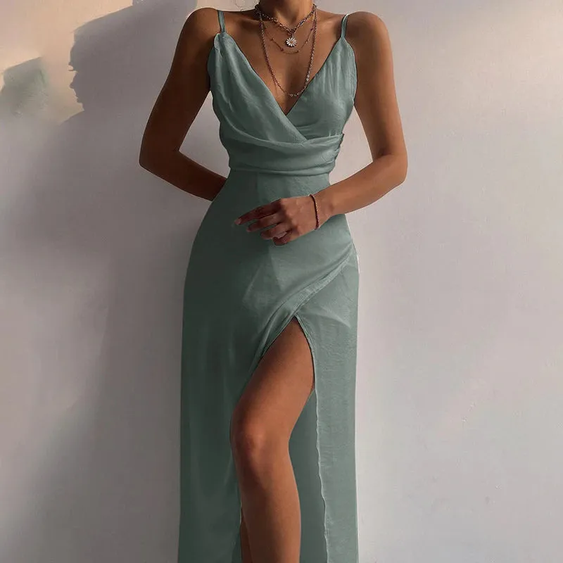 Spaghetti Strap Backless Wrap Draped Slit Gown Maxi Dress