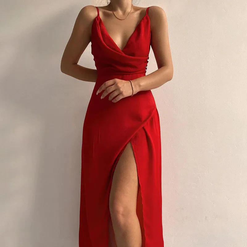 Spaghetti Strap Backless Wrap Draped Slit Gown Maxi Dress