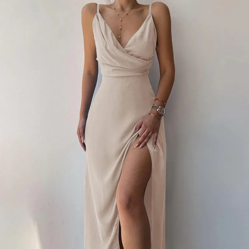 Spaghetti Strap Backless Wrap Draped Slit Gown Maxi Dress