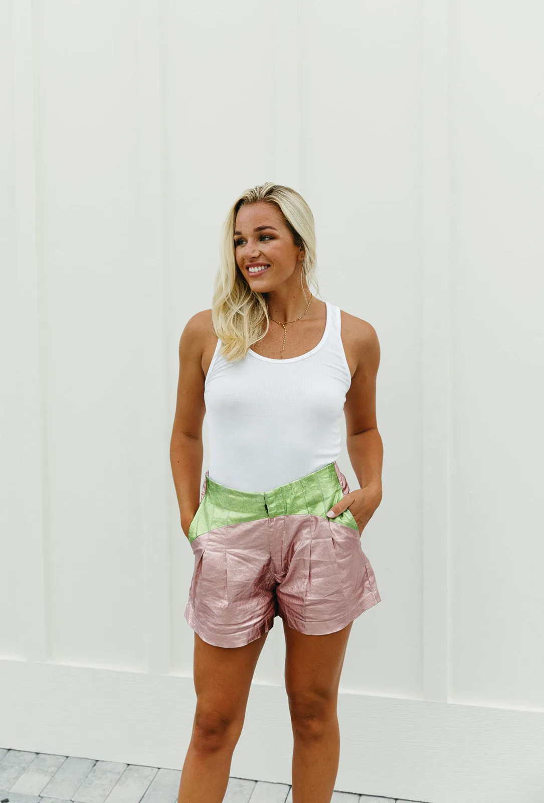 Sunset Metallic Linen Shorts - Pink/Lime