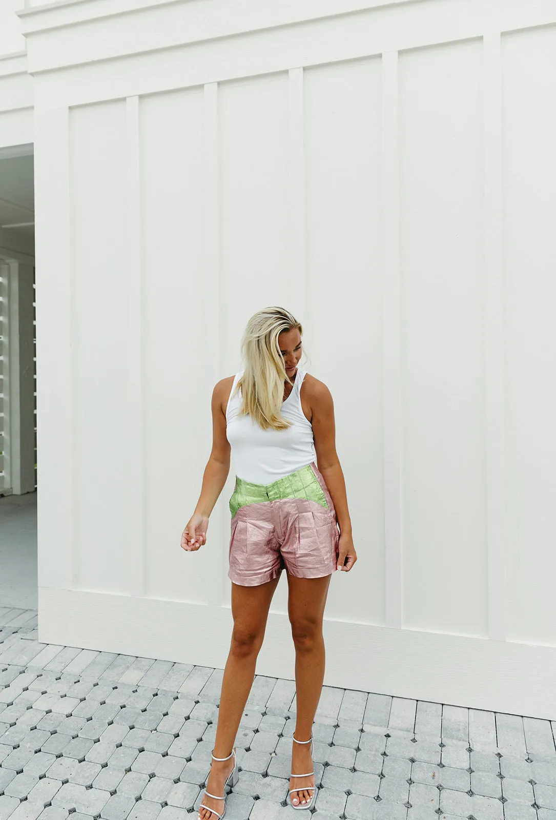 Sunset Metallic Linen Shorts - Pink/Lime