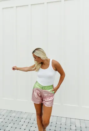 Sunset Metallic Linen Shorts - Pink/Lime