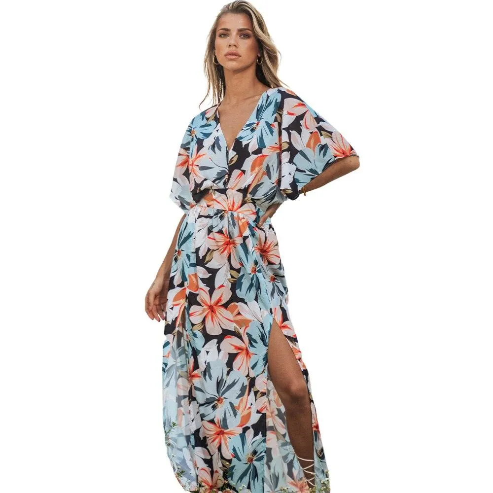 Tropical Floral V-Neck Short Sleeve A-Line Maxi Sundress