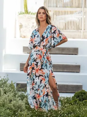 Tropical Floral V-Neck Short Sleeve A-Line Maxi Sundress