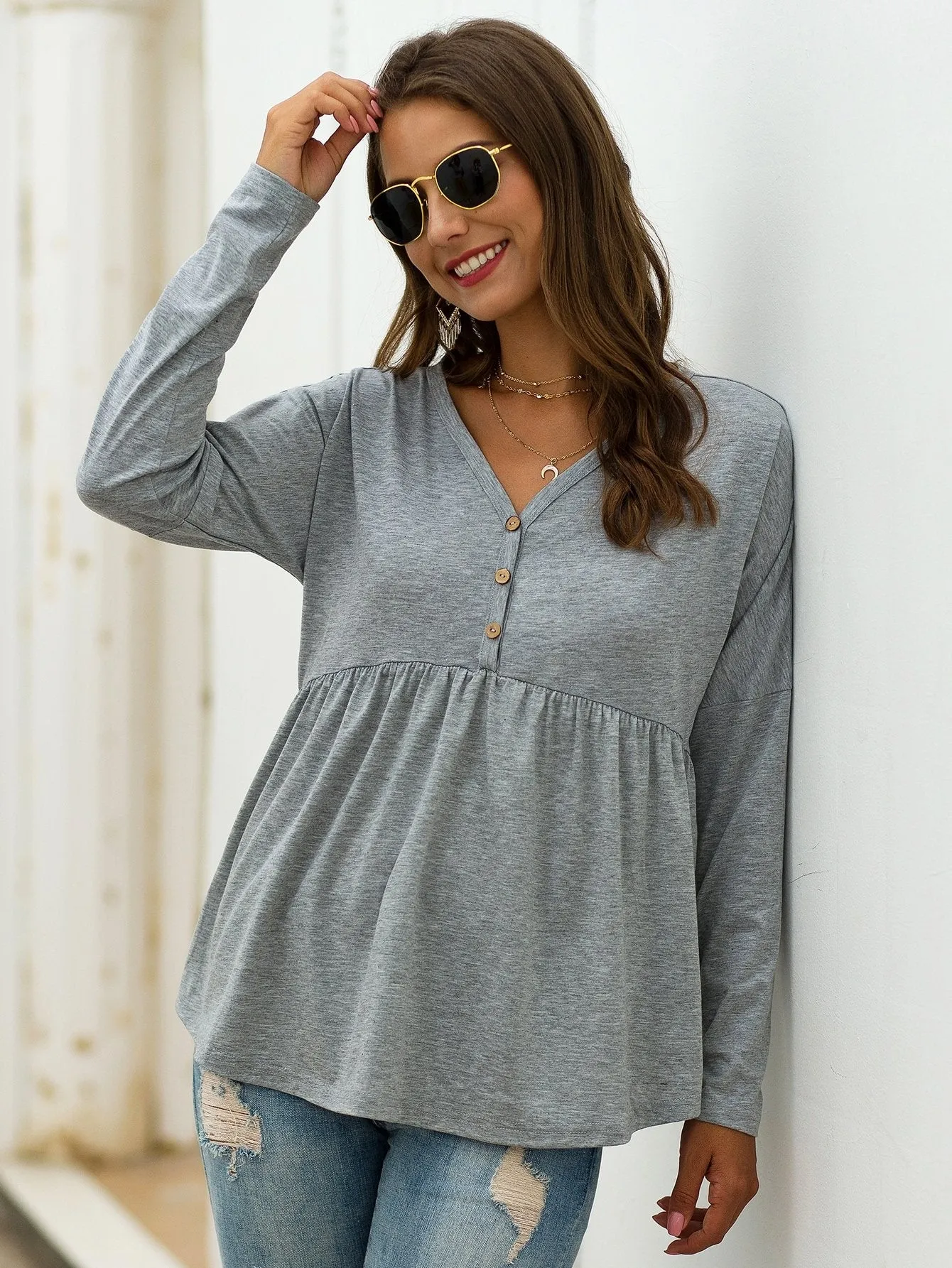 V-neck Button Front Smock Tee