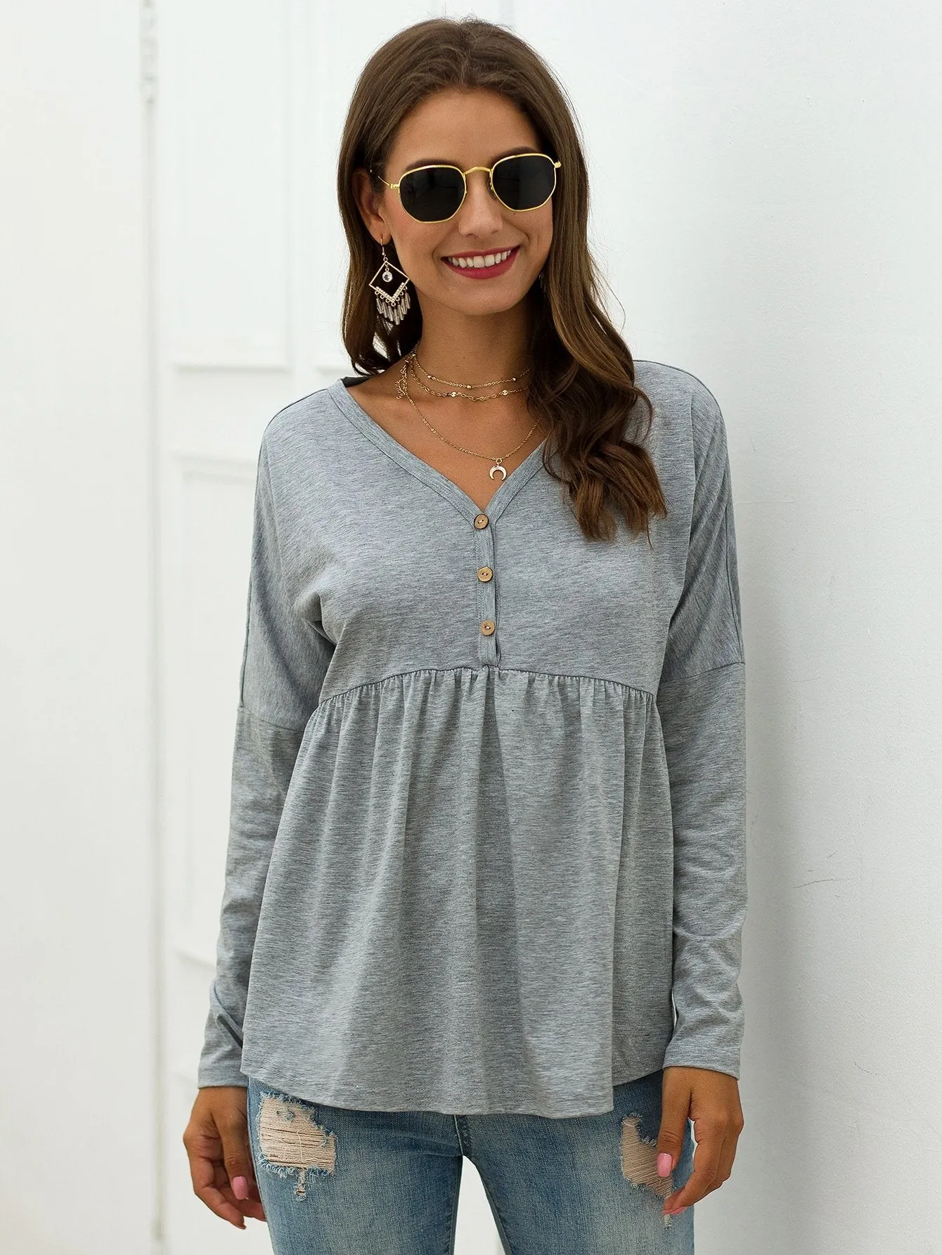 V-neck Button Front Smock Tee