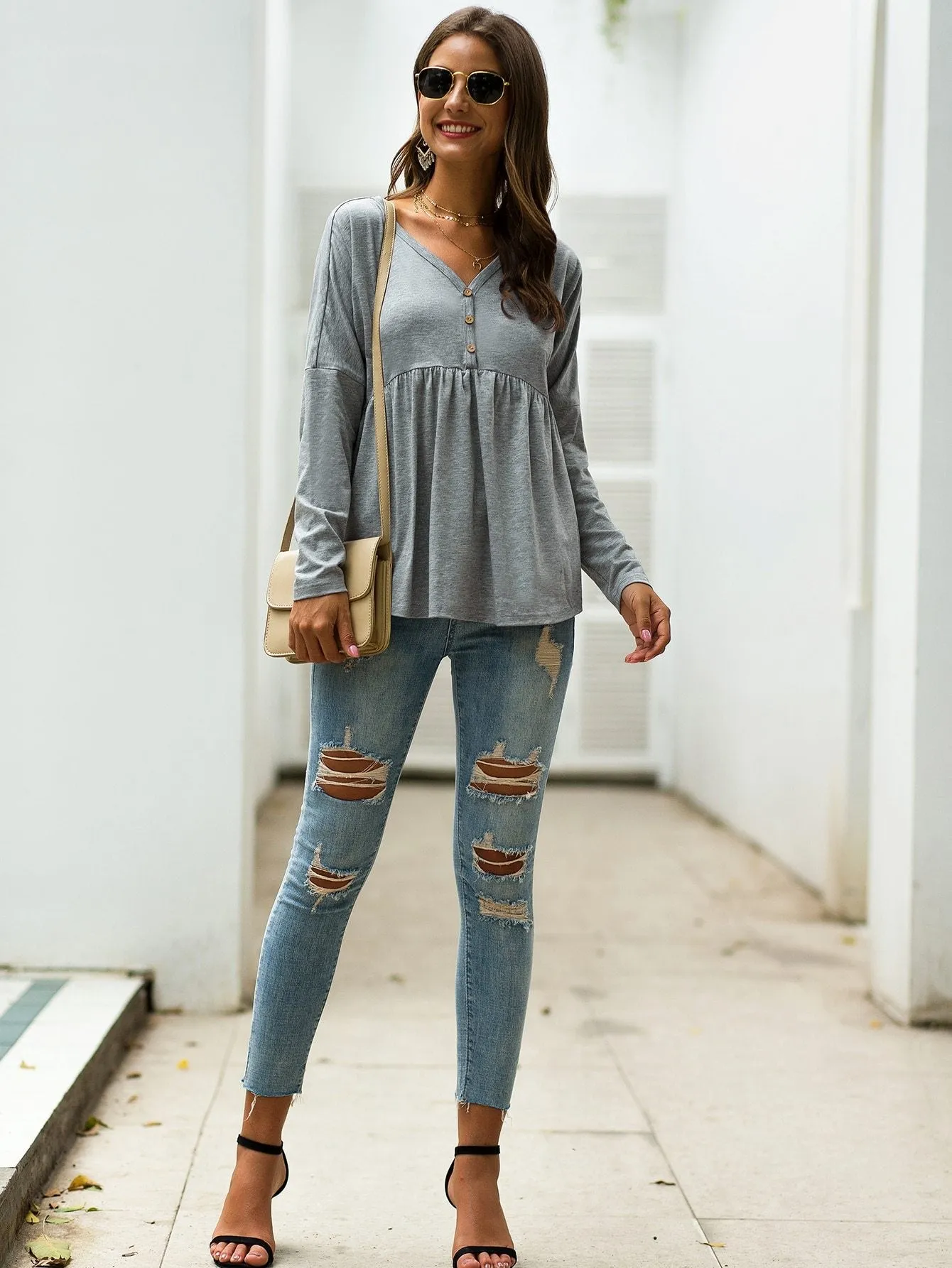 V-neck Button Front Smock Tee