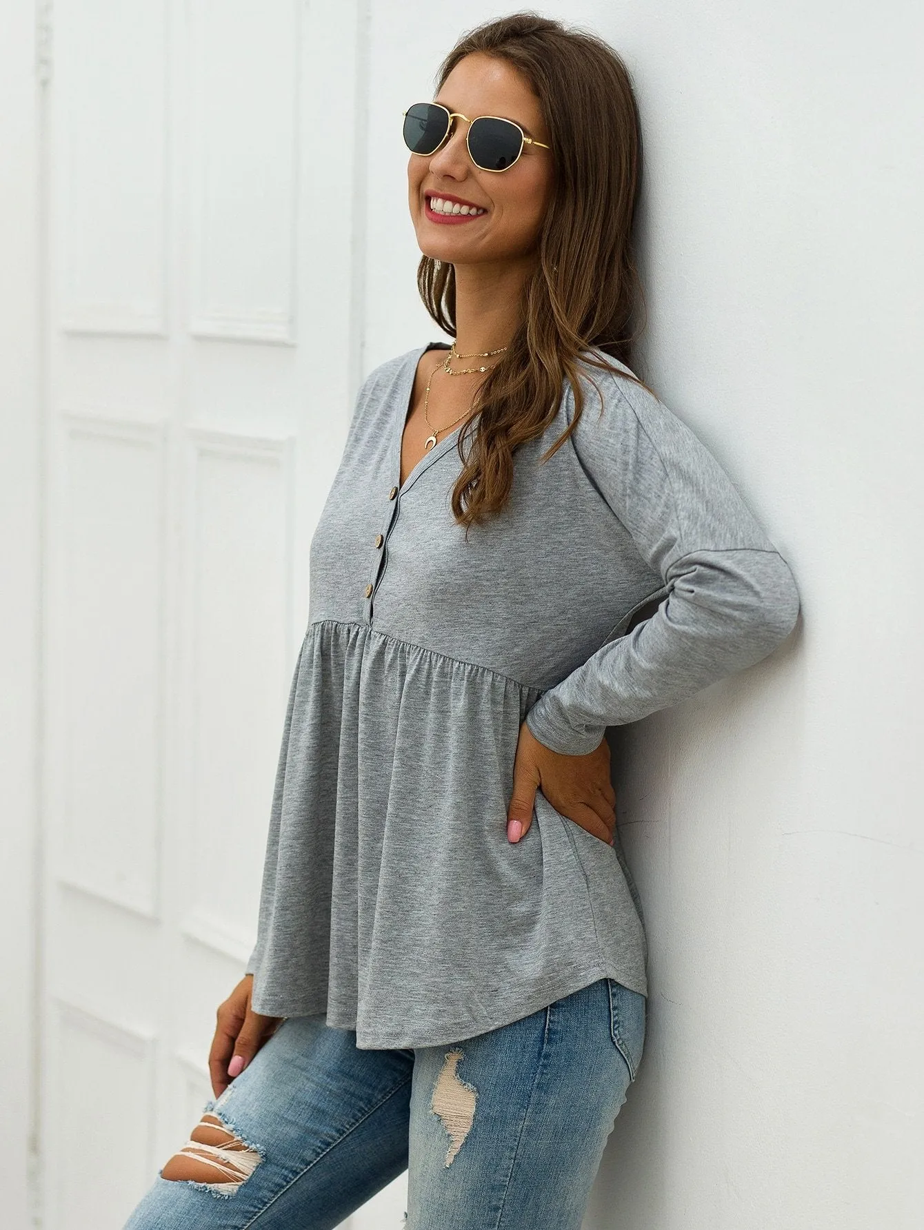 V-neck Button Front Smock Tee