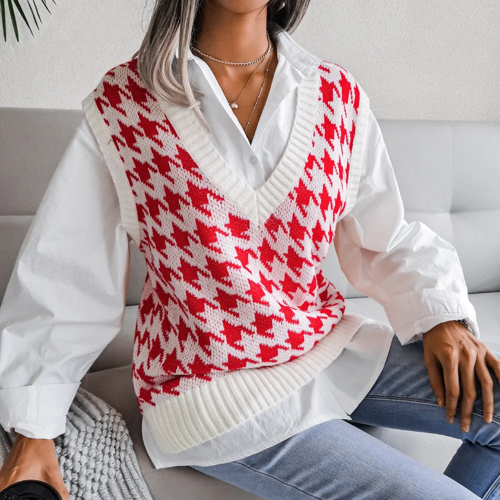 V-neck Casual Loose Houndstooth Knit Sweater Women's Vest