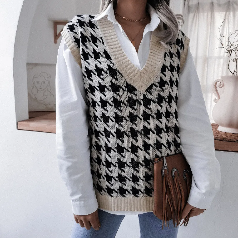 V-neck Casual Loose Houndstooth Knit Sweater Women's Vest