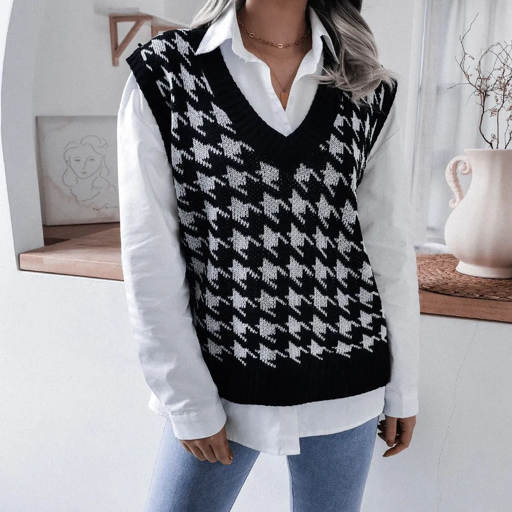 V-neck Casual Loose Houndstooth Knit Sweater Women's Vest