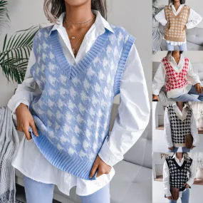 V-neck Casual Loose Houndstooth Knit Sweater Women's Vest