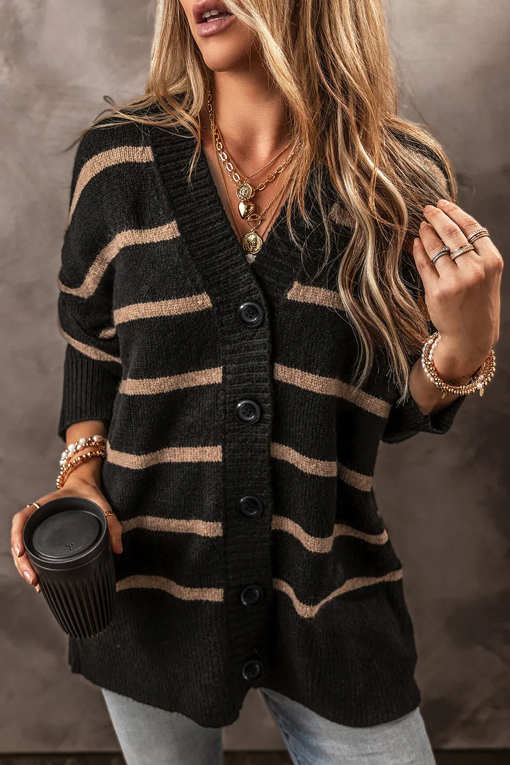 V Neck Drop Shoulder Loose Cardigan