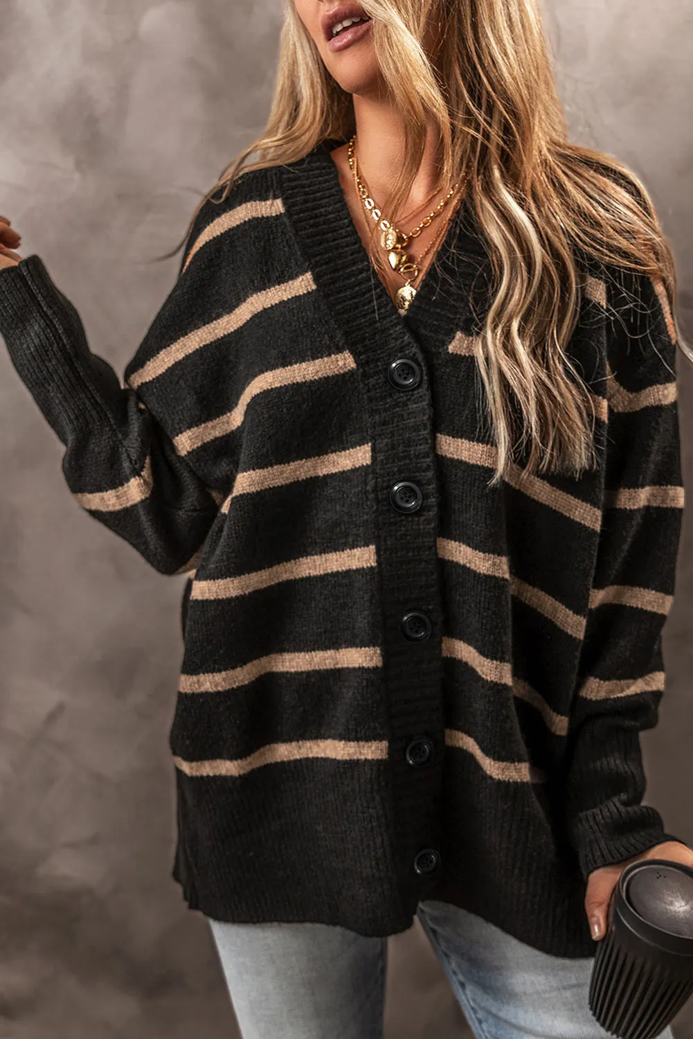 V Neck Drop Shoulder Loose Cardigan