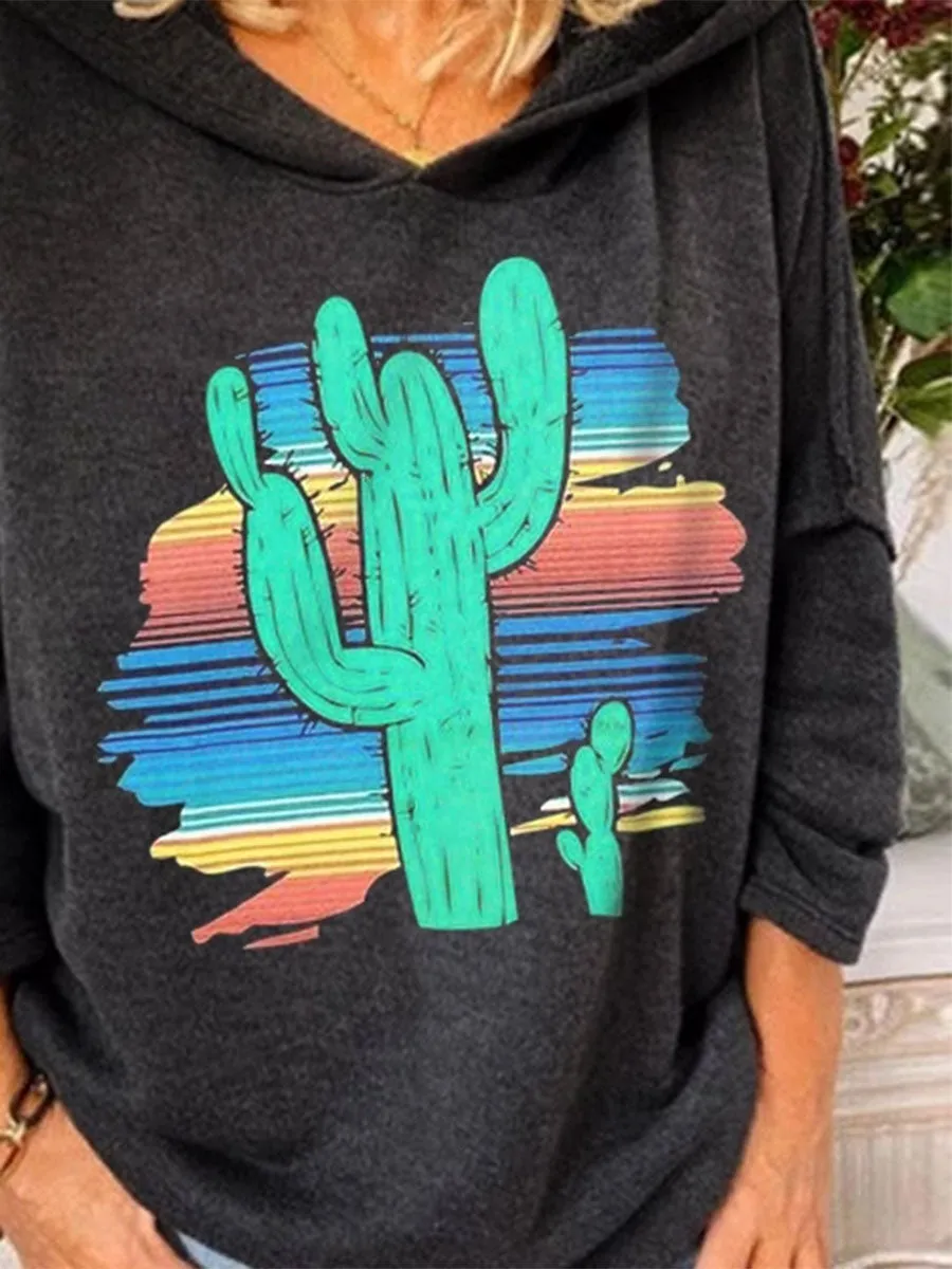 Vintage Cactus Print Comfy Loose Hoodie